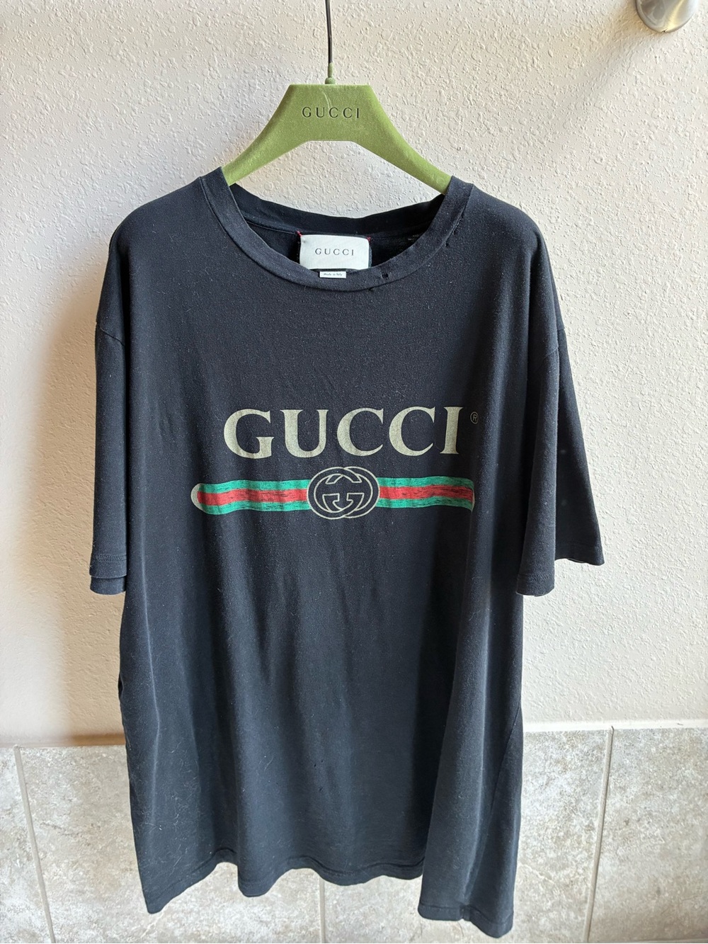 Gucci Black Tee with Green-Red Signature Stripe